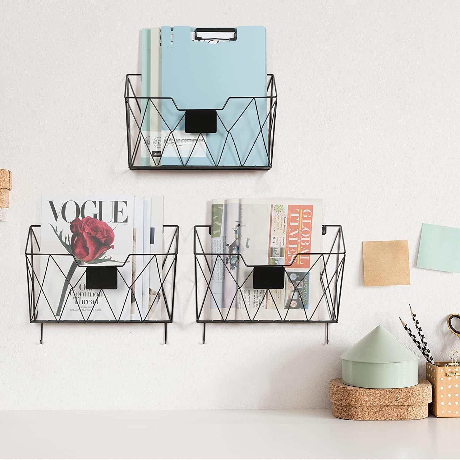 Holder Mount Metal Organizer 3 Pockets Mail Organizer with Hooks for Office Home,Black - Image 4