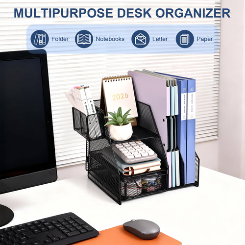 for with 2-Tier Paper Letter Tray, Drawer and 2 Pen Holder, Mesh top Organization with Magazine Holder for Office Sup... - Image 2