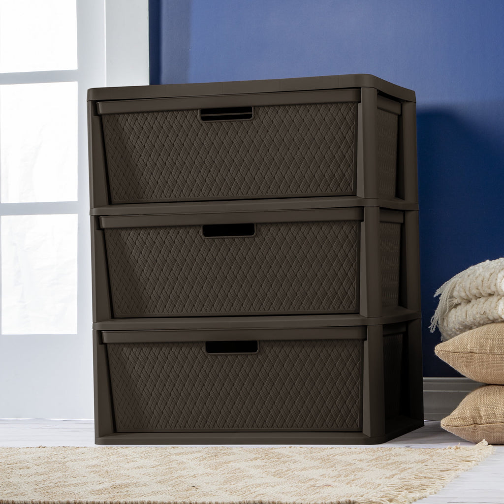 Wide 3 Drawer Tower, Plastic Storage Organizer with Removable Decorative Bins, Easy to Assemble - No Tools Needed, Brown - Image 6