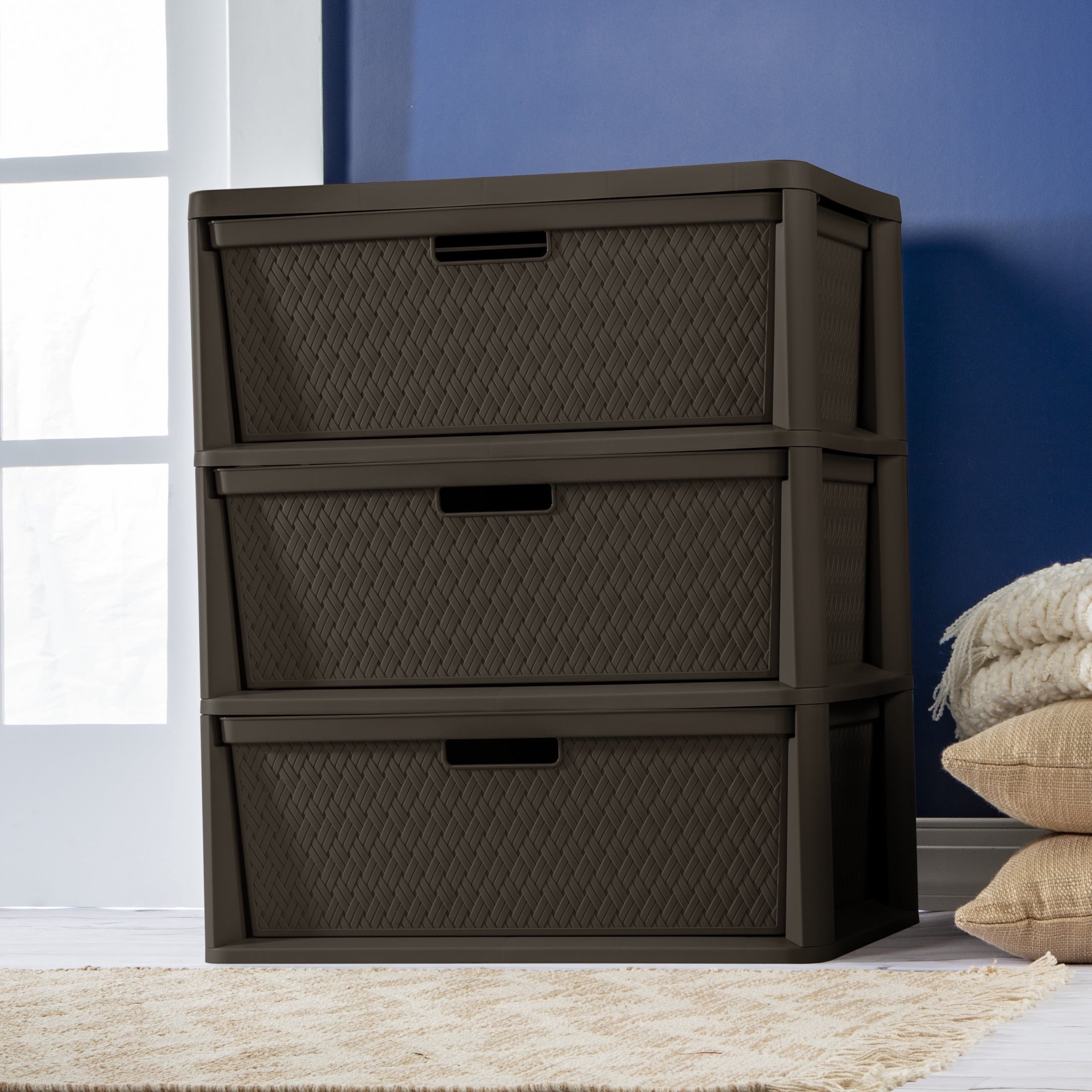 Wide 3 Drawer Tower, Plastic Storage Organizer with Removable Decorative Bins, Easy to Assemble - No Tools Needed, Brown - Image 6