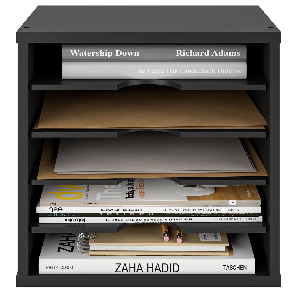 5-Tier Paper Organizer, File Holder, Mail Sorter, Wood Letter Tray, Black - Image 2