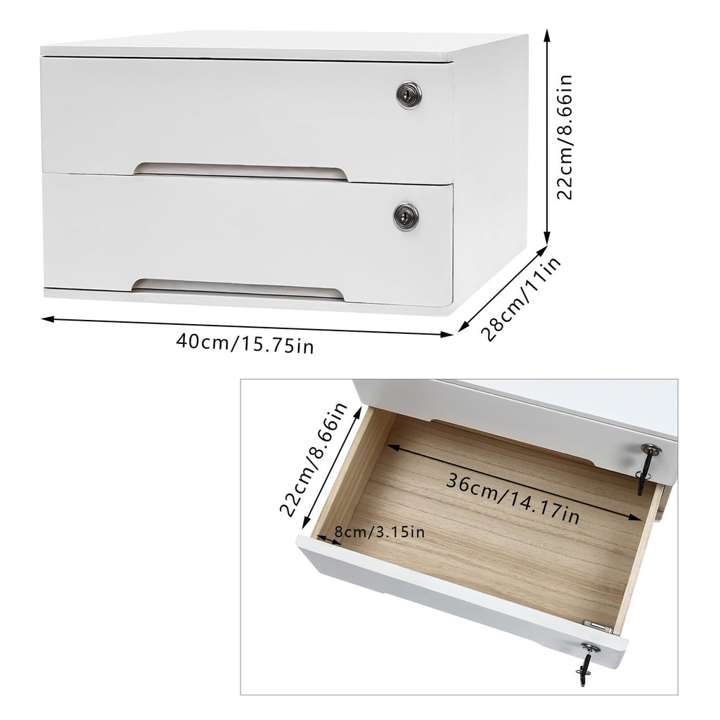 White Wooden Desktop Storage Box with Lockable Drawers, Office Supplies File Organizer, Flat File Cabinet - Image 2