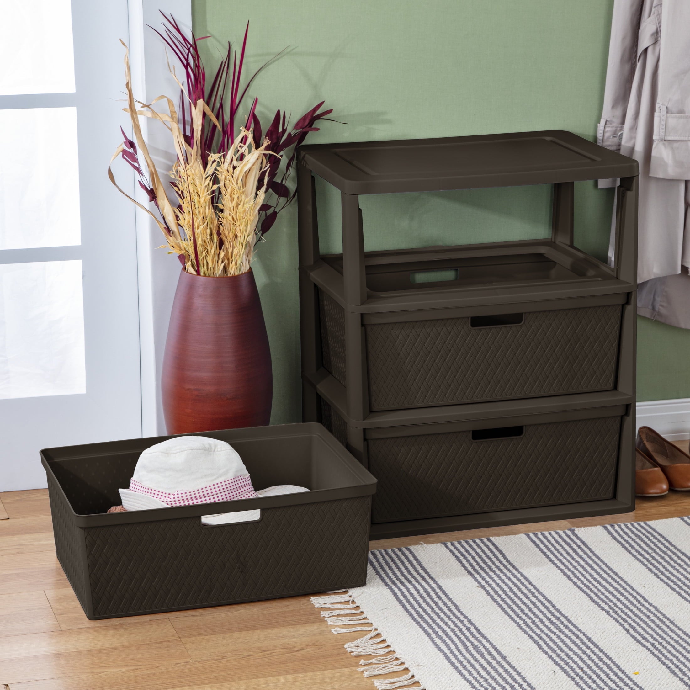 Wide 3 Drawer Tower, Plastic Storage Organizer with Removable Decorative Bins, Easy to Assemble - No Tools Needed, Brown - Image 4