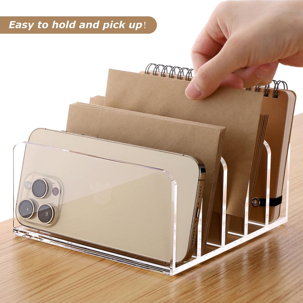 Acrylic Desk File Organizer Holder, 5 Upright Clear Desktop Mails Sorter Document Magazine Storage Organization Letter Folder Racks for Home - Image 5