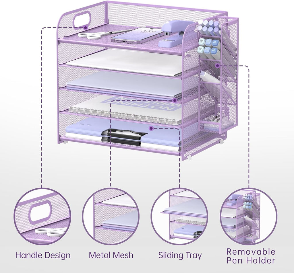 INTIGE 5-Tier Metal Mesh Desk Organizer with Handle & Removable Pen Holders, Purple, 1 Pcs - Image 3