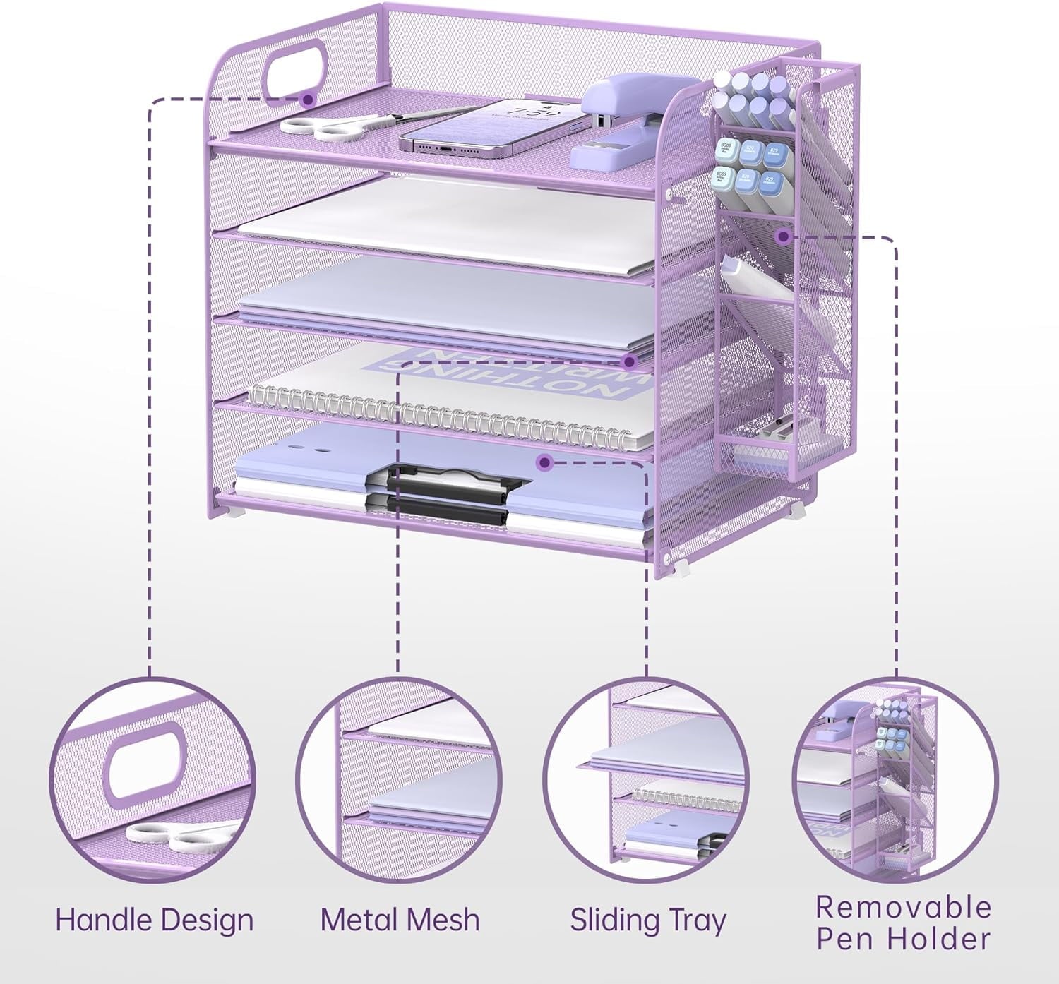 INTIGE 5-Tier Metal Mesh Desk Organizer with Handle & Removable Pen Holders, Purple, 1 Pcs - Image 3