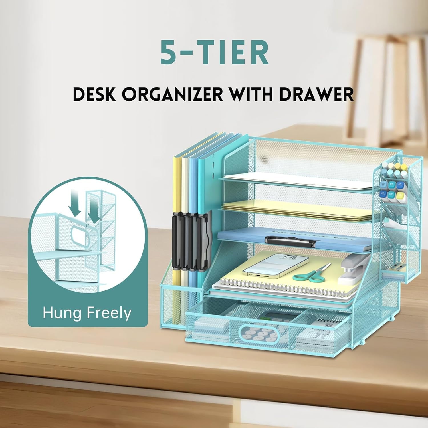 INTIGE Paper Organizer for Desk with 3 Pen Holders, 5-Tier Desk Organizer Tray with Handles, Metal File Organizer Storage - Image 4