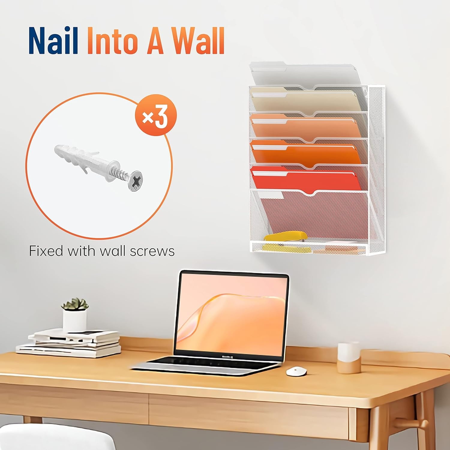 INTIGE 6-Tier Desk Organizer with Hooks, Hanging Wall File Holder for Office Home, White, 1 Pcs - Image 5