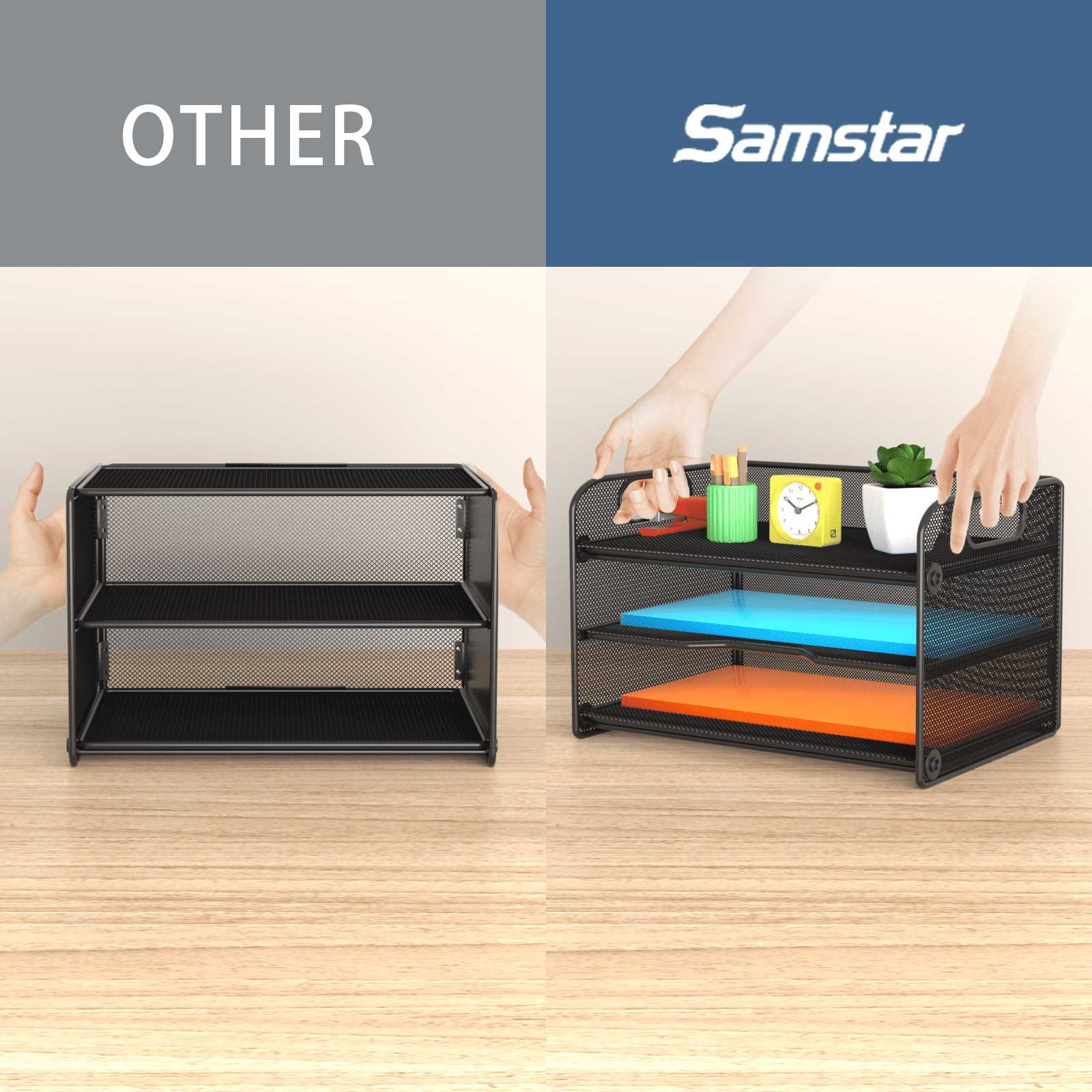 3 Tier Letter Tray Paper Organizer with Handle, Mesh Desk Organizer Paper Sorter File Rack Shelves, Black - Image 4