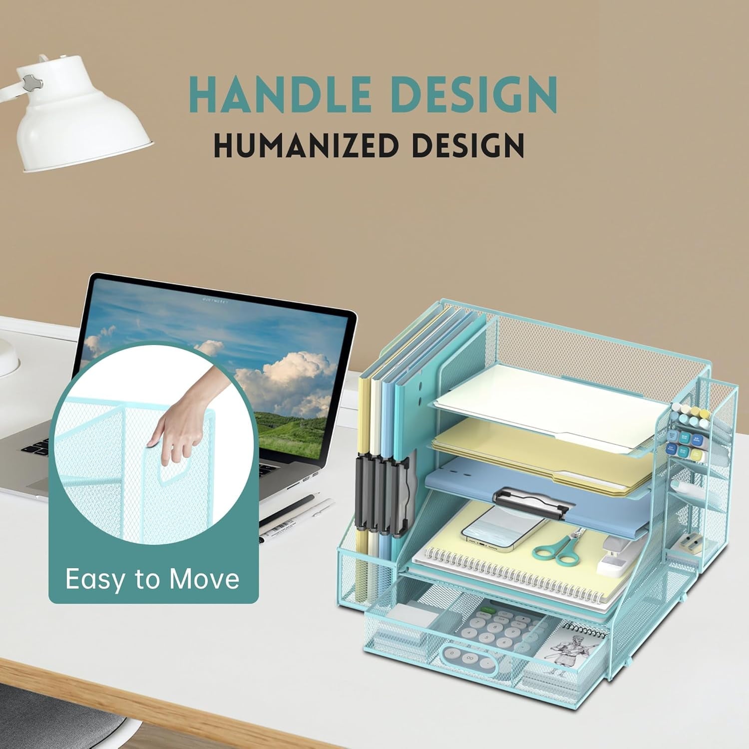 INTIGE Paper Organizer for Desk with 3 Pen Holders, 5-Tier Desk Organizer Tray with Handles, Metal File Organizer Storage - Image 5