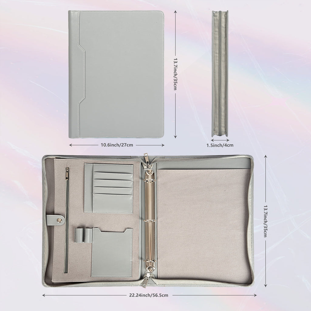 3-Ring Binder, Eco-Friendly Leather Portfolio, Zippered Business Organizer, Gray - Image 2