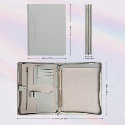 3-Ring Binder, Eco-Friendly Leather Portfolio, Zippered Business Organizer, Gray - Image 2