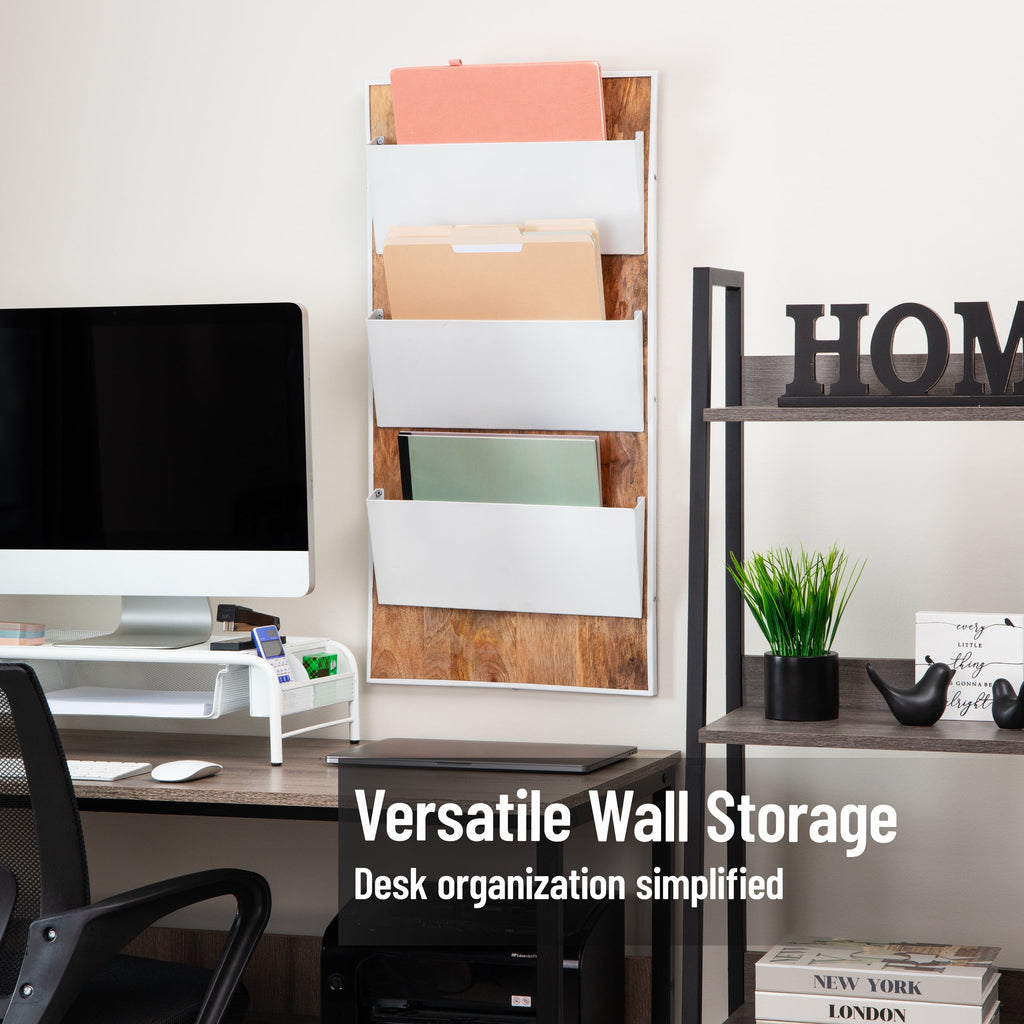 3-Tier Wall-Mounted File Organizer, Wood and Metal Vertical Rack for Mail, Magazines, and Documents, Metal, Wood, White - Image 2