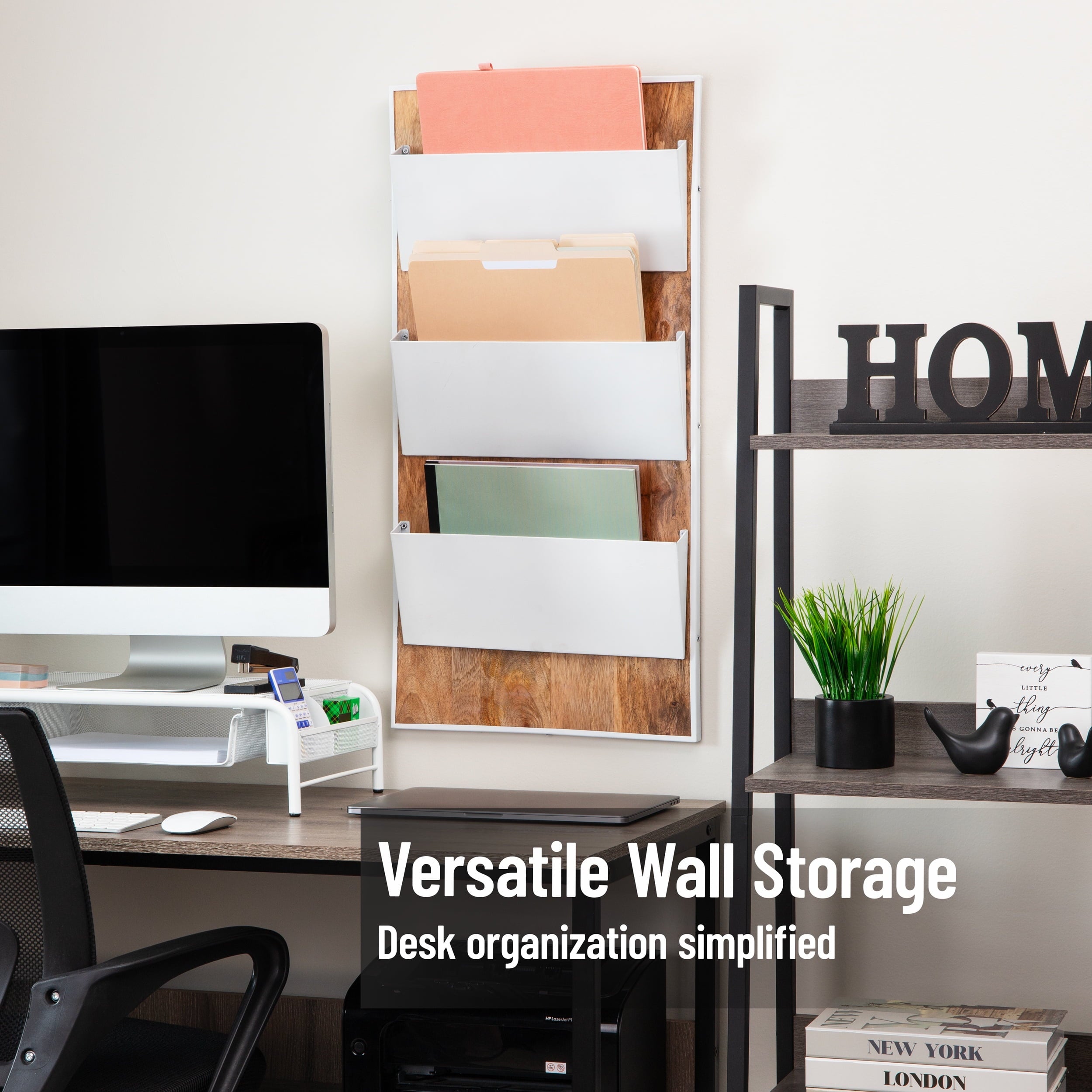 3-Tier Wall-Mounted File Organizer, Wood and Metal Vertical Rack for Mail, Magazines, and Documents, Metal, Wood, White - Image 2