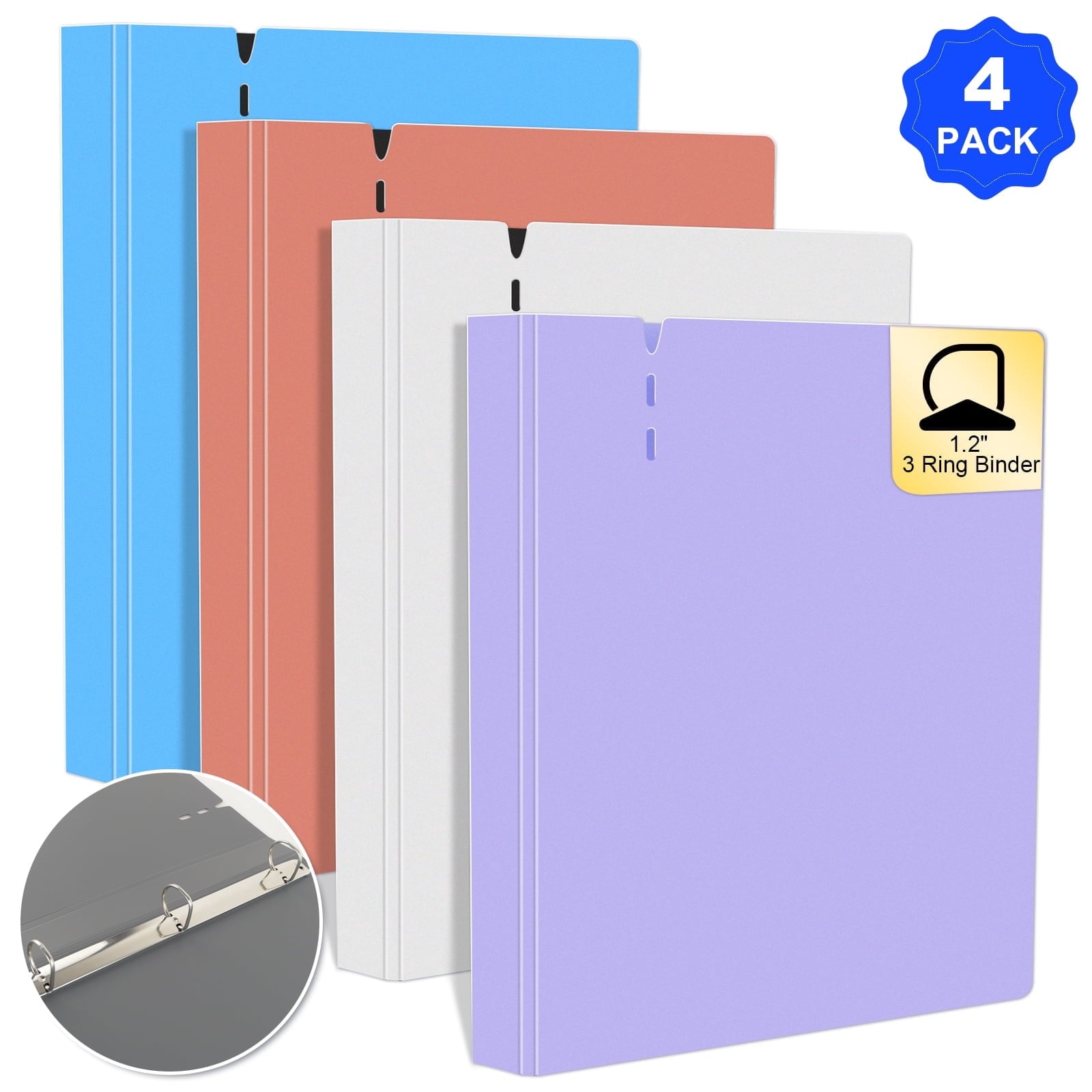 3 Ring Binder 1.2 inch, 4 Pack D Ring Binder, Assorted Colors, Large Capacity, Versatile Binders Fits 8.5'' x 11'' Le...
