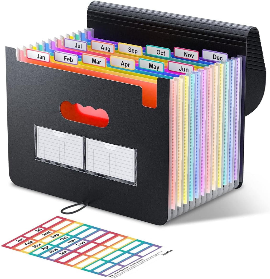 13 Pockets Expanding Folder, Portable Monthly Paper Bill Tax Receipt , Letter A4 Size Document Holder with Blank Labe...
