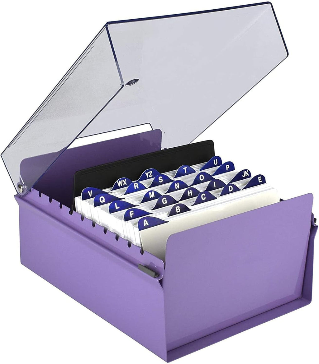 Acrimet 5 X 8 Card File Holder Organizer Box Metal Base Heavy Duty (AZ Index Cards and Divider Included) (Purple Color with Clear Crystal Pl