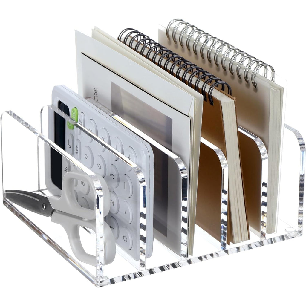 Acrylic Desk File Organizer Holder, 5 Upright Clear Desktop Mails Sorter Document Magazine Storage Organization Letter Folder Racks for Home
