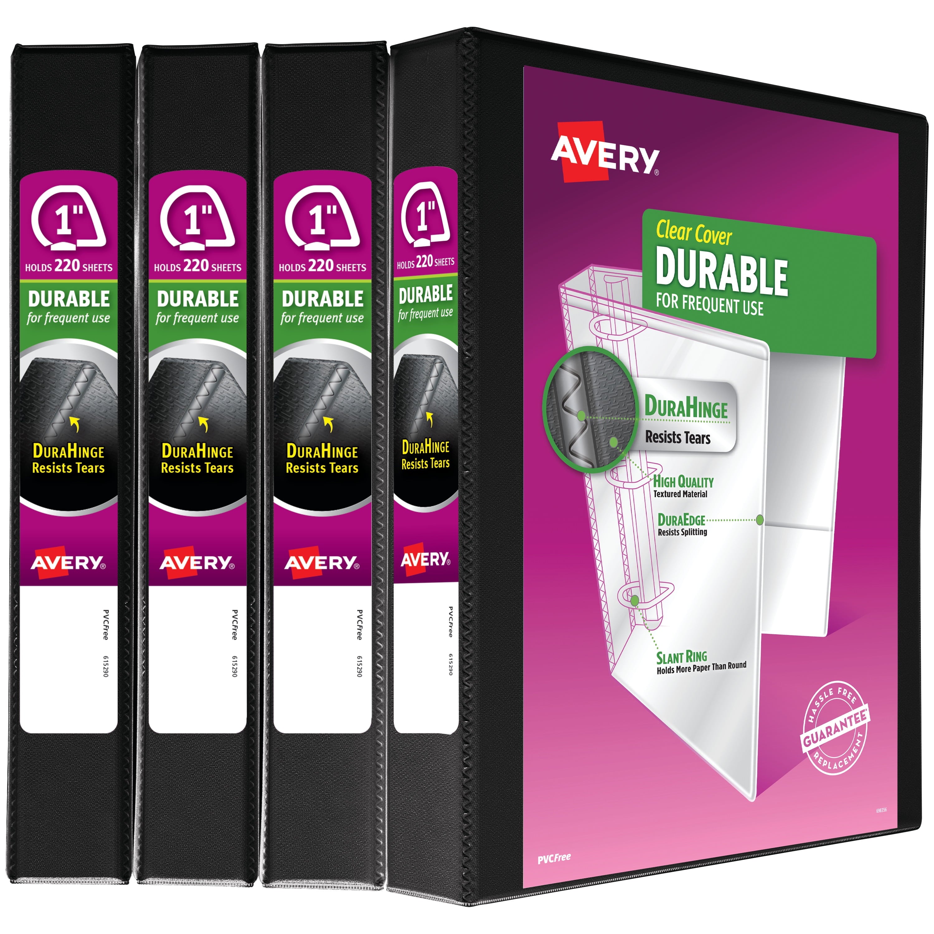 Durable View 3 Ring Binders, 1" Slant Rings, 4 Black Binders