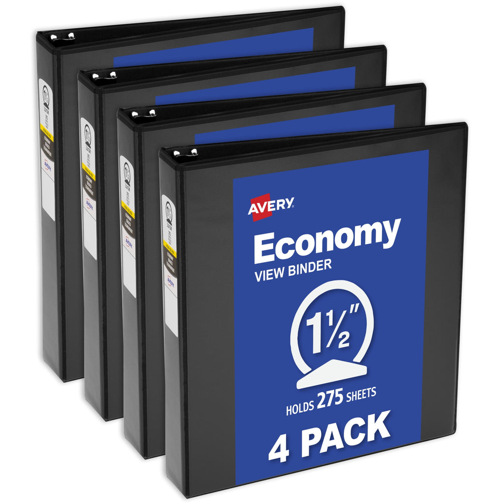 Economy View 3 Ring Binders, 1.5" Round Rings, 4 Black Binders