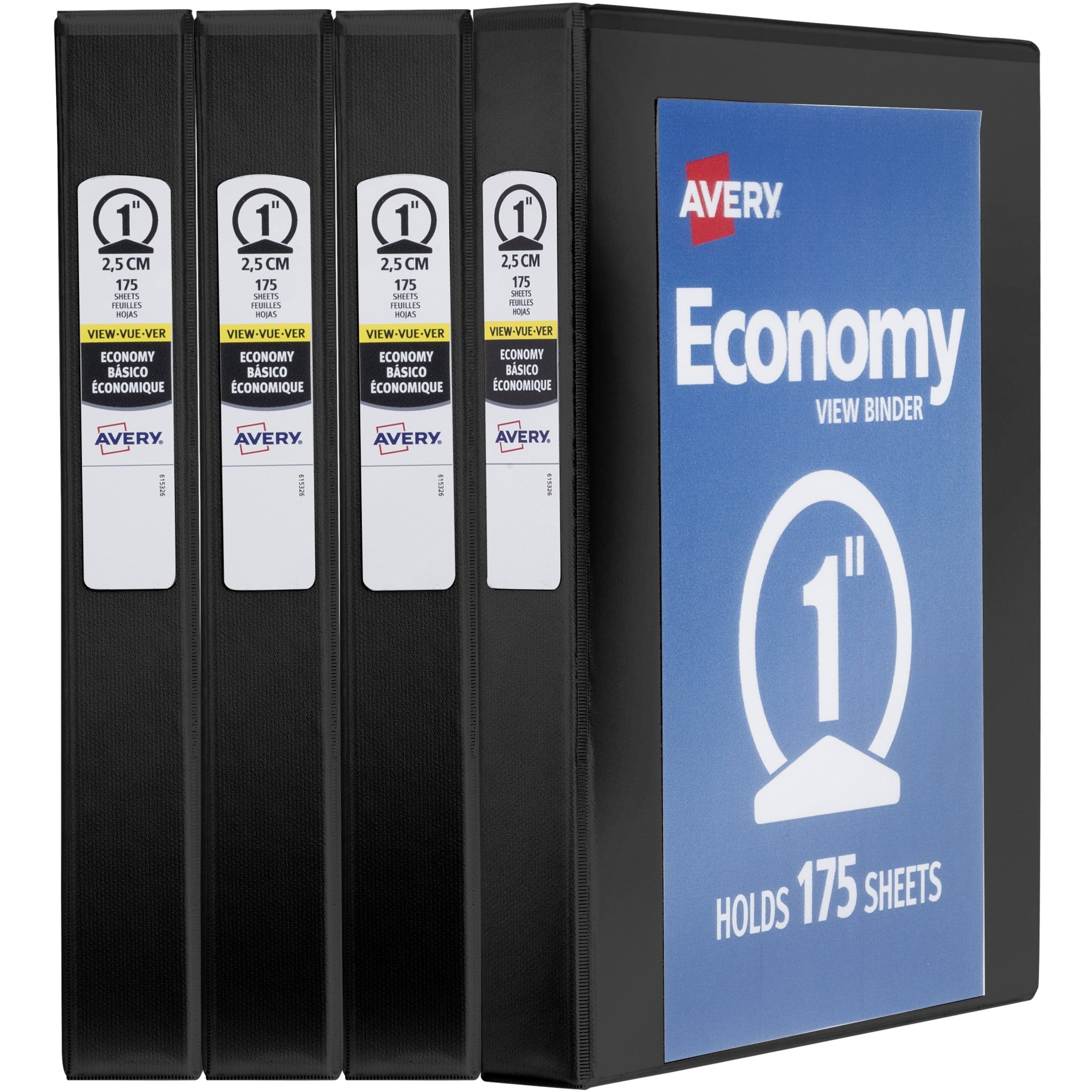 Economy View 3 Ring Binders, 1" Round Rings, 4 Black Binders