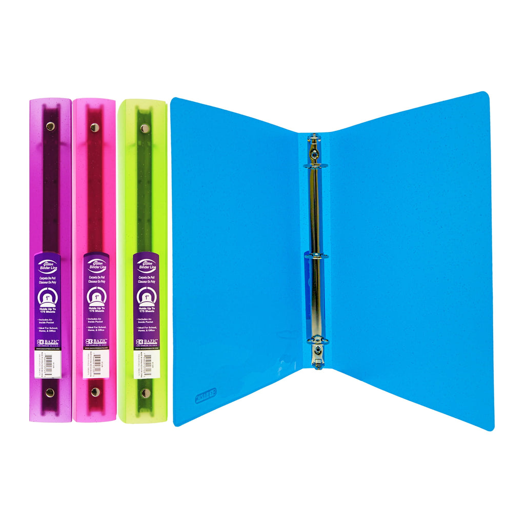 BAZIC 3 Ring Binder 1" Poly Binders Glitter Color Soft Cover, 175 Sheets, 4-Count