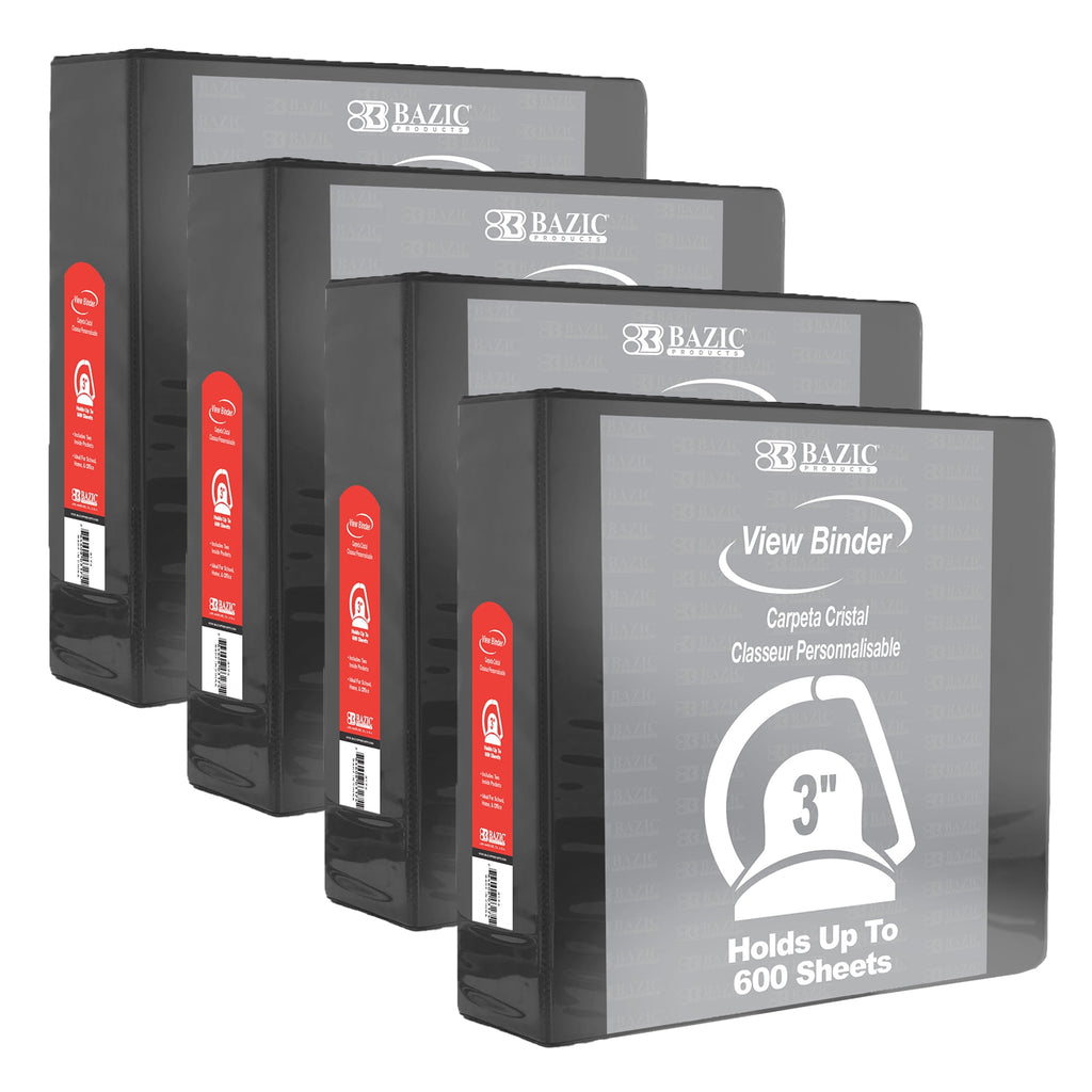 BAZIC 3 Ring Binder 3" View Binders Slant D Ring Black, Hold 600 Sheets, 4-Count