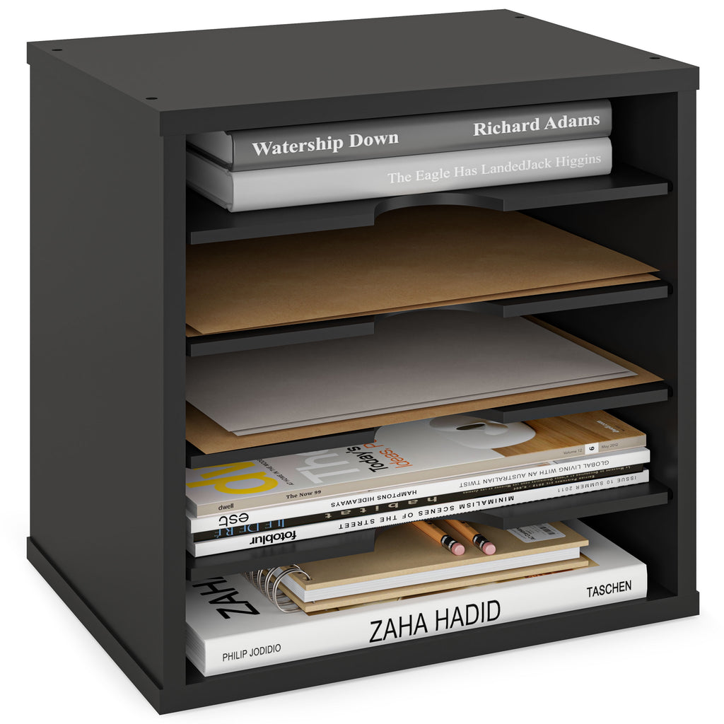 5-Tier Paper Organizer, File Holder, Mail Sorter, Wood Letter Tray, Black