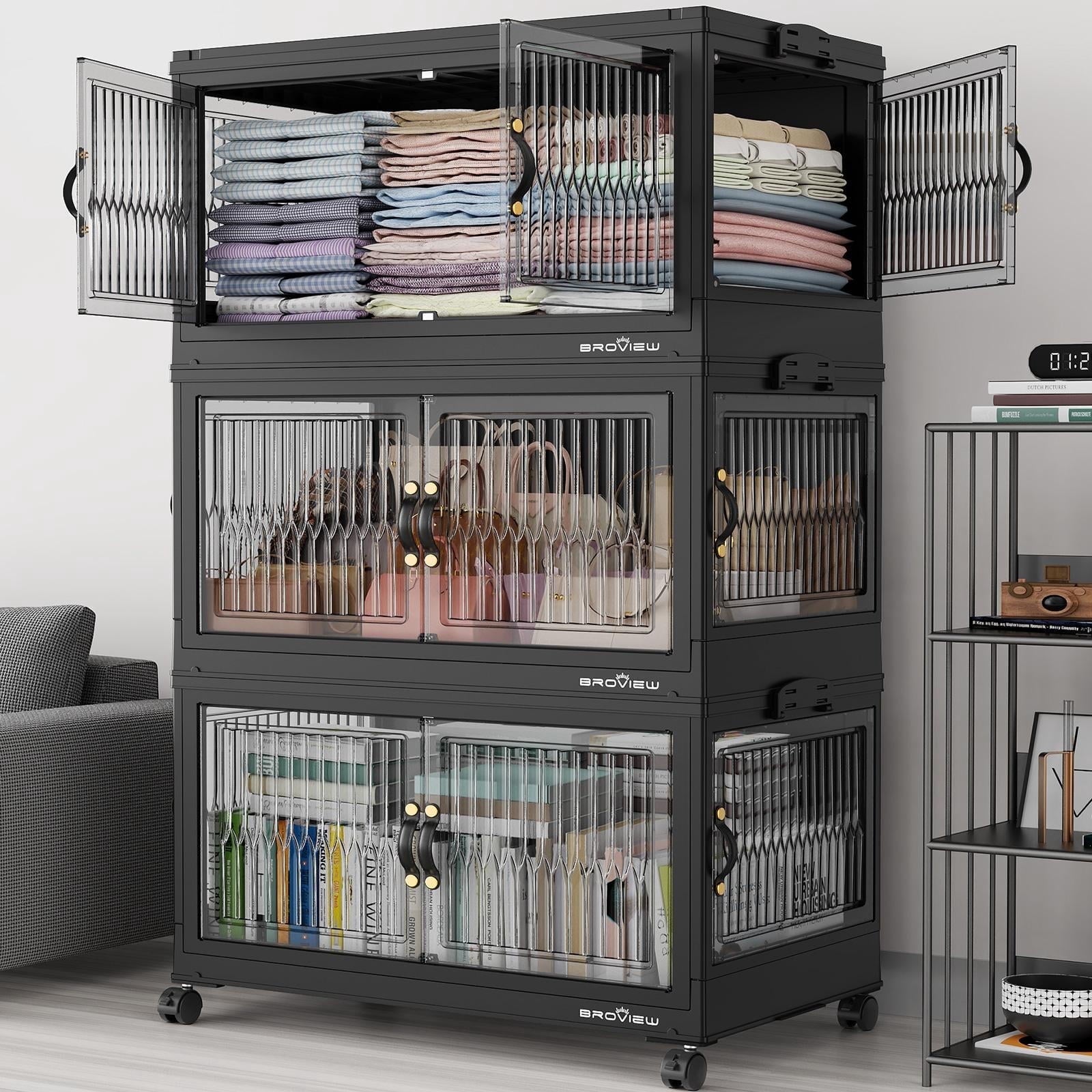 90Gal Stackable Storage Bins with 3x Lids, Front and Side Open Doors, Collapsible Closet Organizer and Storage Cabine...