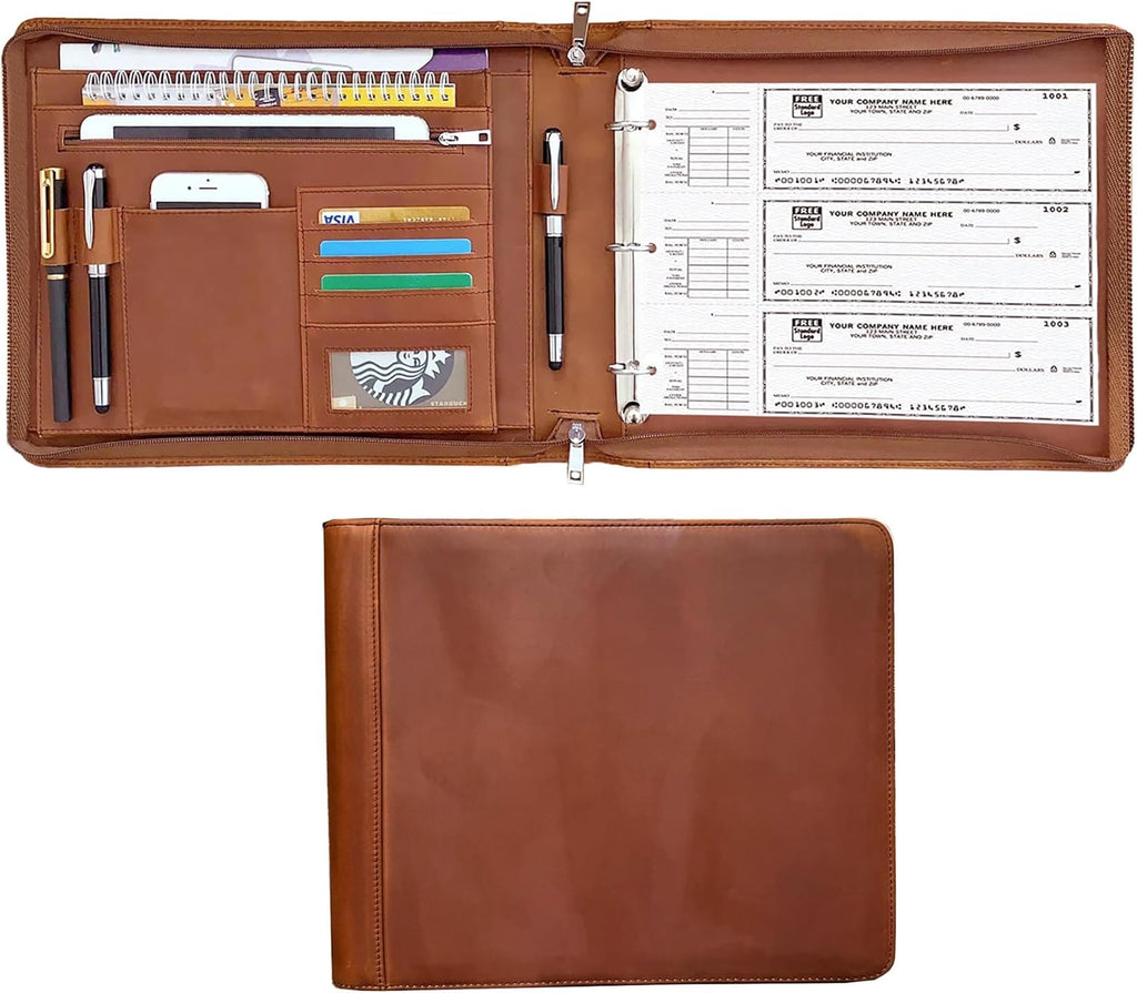 Business 3 Ring Check Binder, Genuine Leather Check Book Portfolio for 3 Holes or 9 Holes Checks, Check Book Binder f...