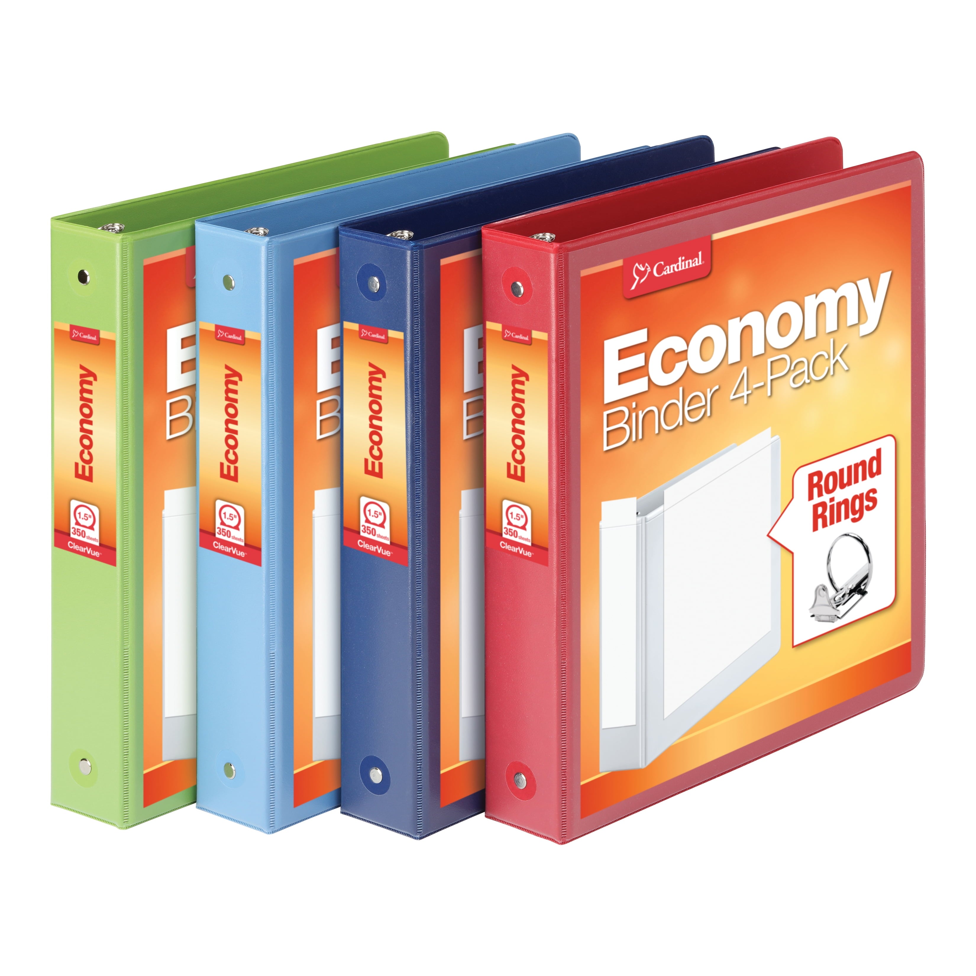 3 Ring Binders, Round Rings, Holds 350 Sheets, ClearVue Presentation View, Non-Stick, Assorted Colors (79550), 1.5 In...