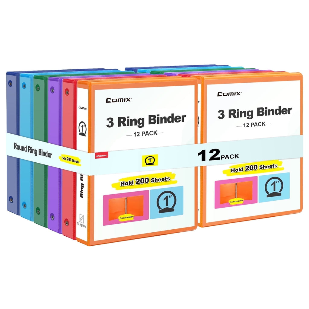1 inch 3-Ring Binder, Round Ring, 200 Sheets Capacity, 12 Pack Assorted Color