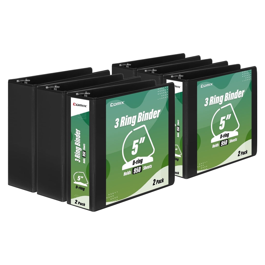 Comix Heavy Duty 5 inch 3 Ring Binder,D Ring Clear Cover, Hold 950 Sheets,6 Pack Black