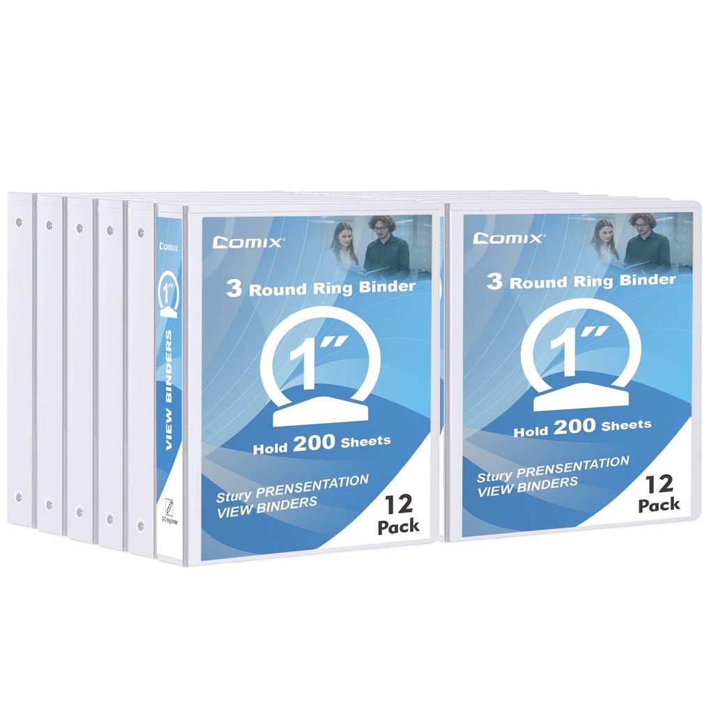 Sturdy 1 inch 3 Ring View Binder,O-ring,Holds 200 Sheets of Letter Size Paper,12-Pack White, 2mm-thick