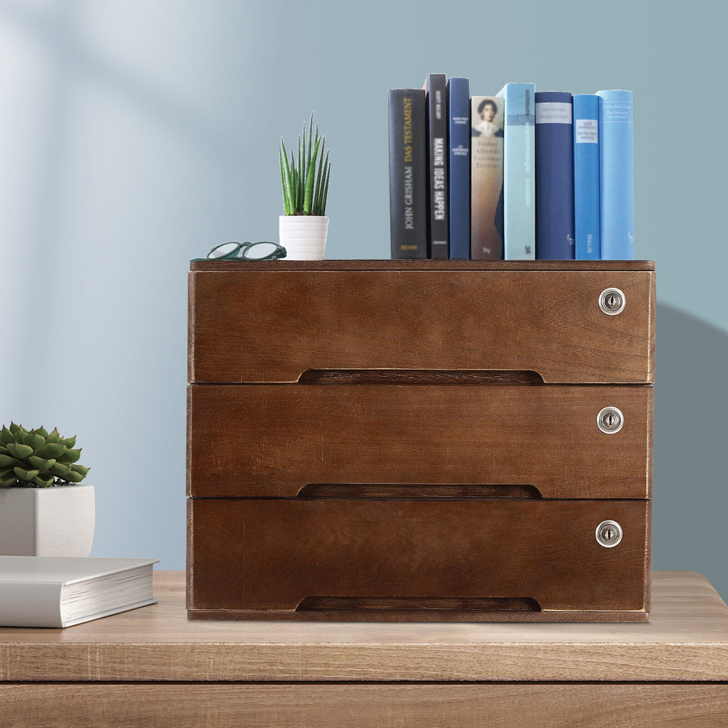 DENEST Wooden Desktop Storage Box with Lockable Drawers, 3 Tiers Office Supplies File Organizer, Flat File Cabinet Desk Storage Box for Dres