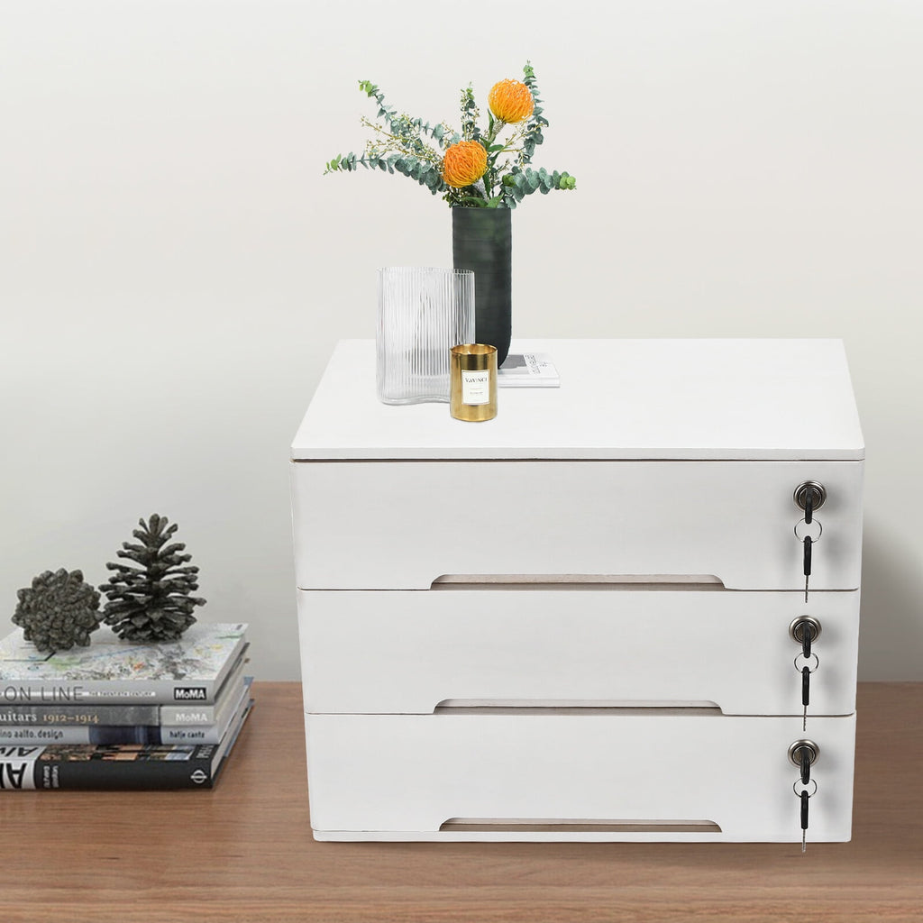 Wooden Desktop Storage Box with Lockable Drawers, Office Supplies File Organizer