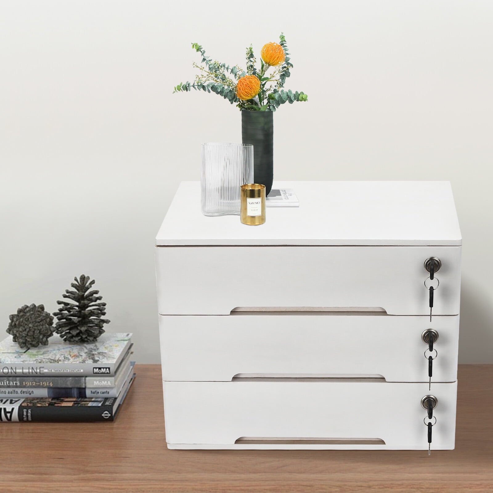 Wooden Desktop Storage Box with Lockable Drawers, Office Supplies File Organizer