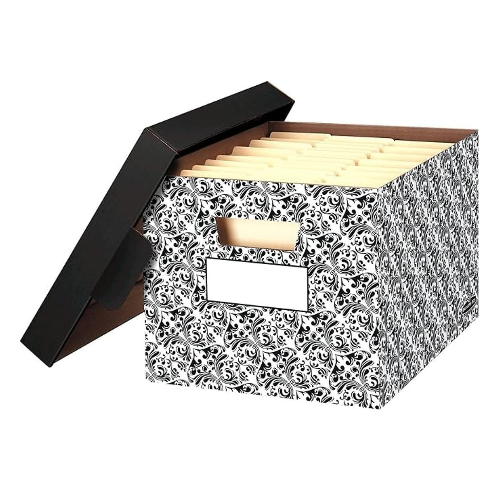Decorative Storage Boxes with Lids, 4 Pack - Brocade File Boxes for Home & Office - Stackable Paper Organizer Contain...