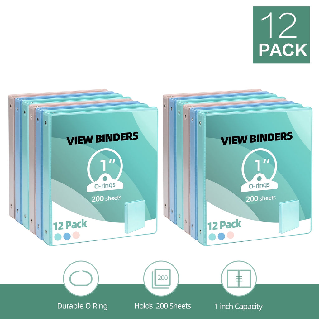 Deli 3 Ring Binders,1" Economy Round Ring View Binders with 2 Interior Pockets for Office,Home, and School Use,200 Sheets, 12-Pack (Mixed Co