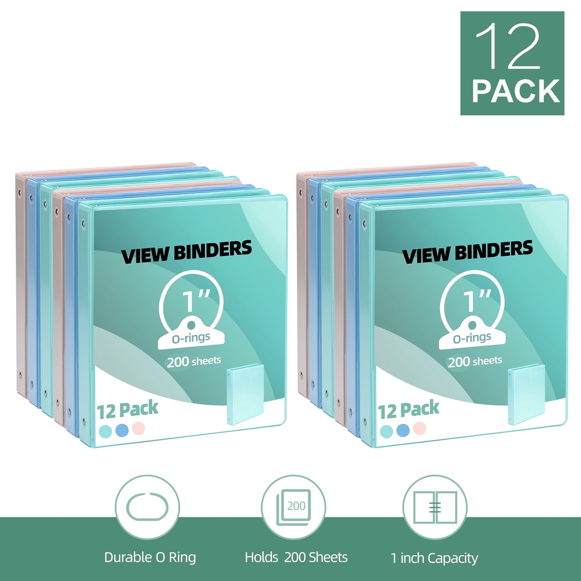 Deli 3 Ring Binders,1" Economy Round Ring View Binders with 2 Interior Pockets for Office,Home, and School Use,200 Sheets, 12-Pack (Mixed Co