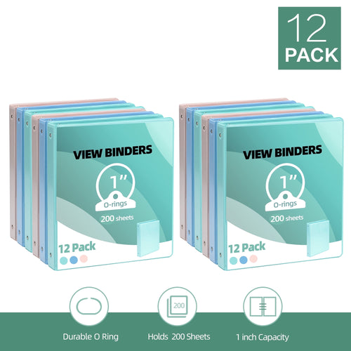 Deli 3 Ring Binders,1" Economy Round Ring View Binders with 2 Interior Pockets for Office,Home, and School Use,200 Sheets, 12-Pack (Mixed Co
