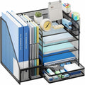 Desk Organizer with File Holder, 5-Tier Desktop File Organizer with Drawer and 2 Pen Holders, Desk File Organizer for...