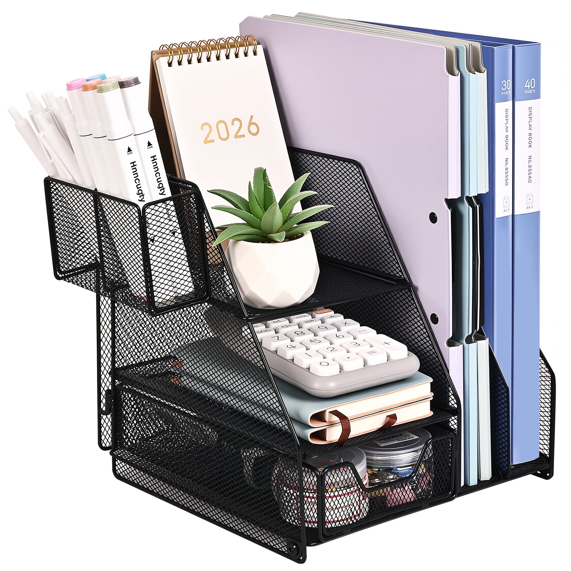 for with 2-Tier Paper Letter Tray, Drawer and 2 Pen Holder, Mesh top Organization with Magazine Holder for Office Sup...