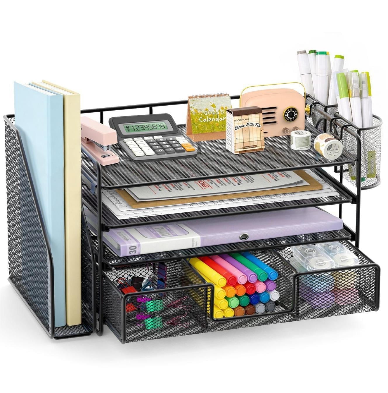 and Accessories, 4-Tier top File with Drawer and 2 Pen Holders, Office Accessories & Workspace s (Black)