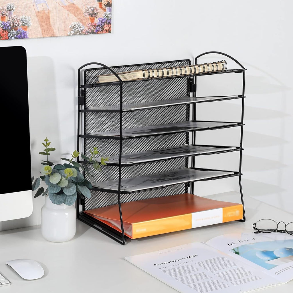EasyPAG 6-Tier Mesh Desk File Organizer - Screwless Assembly Desktop File Folder Holder, Black Paper Sorter for Office Home School Document