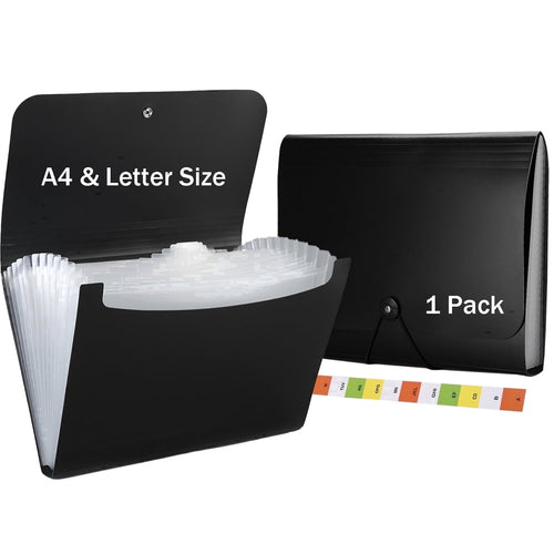 13 Pocket Accordion Folder, Black Plastic, A4 Size, 350 Sheet Capacity, Professional Document Storage with Index Labe...