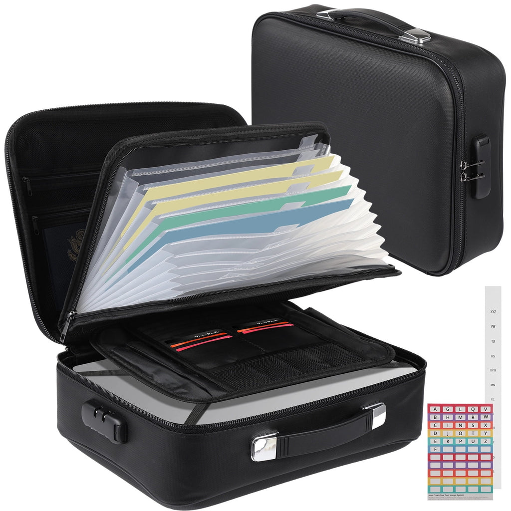 Fireproof Document Box, Hard Shell Fireproof Safe Case with Lock, File Organizer with Expandable Filing Compartments, Portable & Waterproof