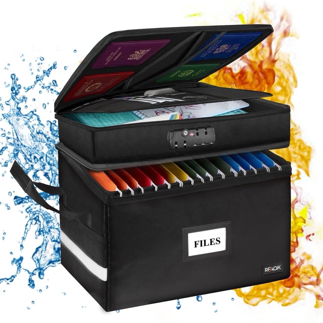 Fireproof Document Box with Lock-2 Layer File Cabinet Storage Bag with Multiple Pockets, Water-Resistant File Box with Reflective Strip-Docu