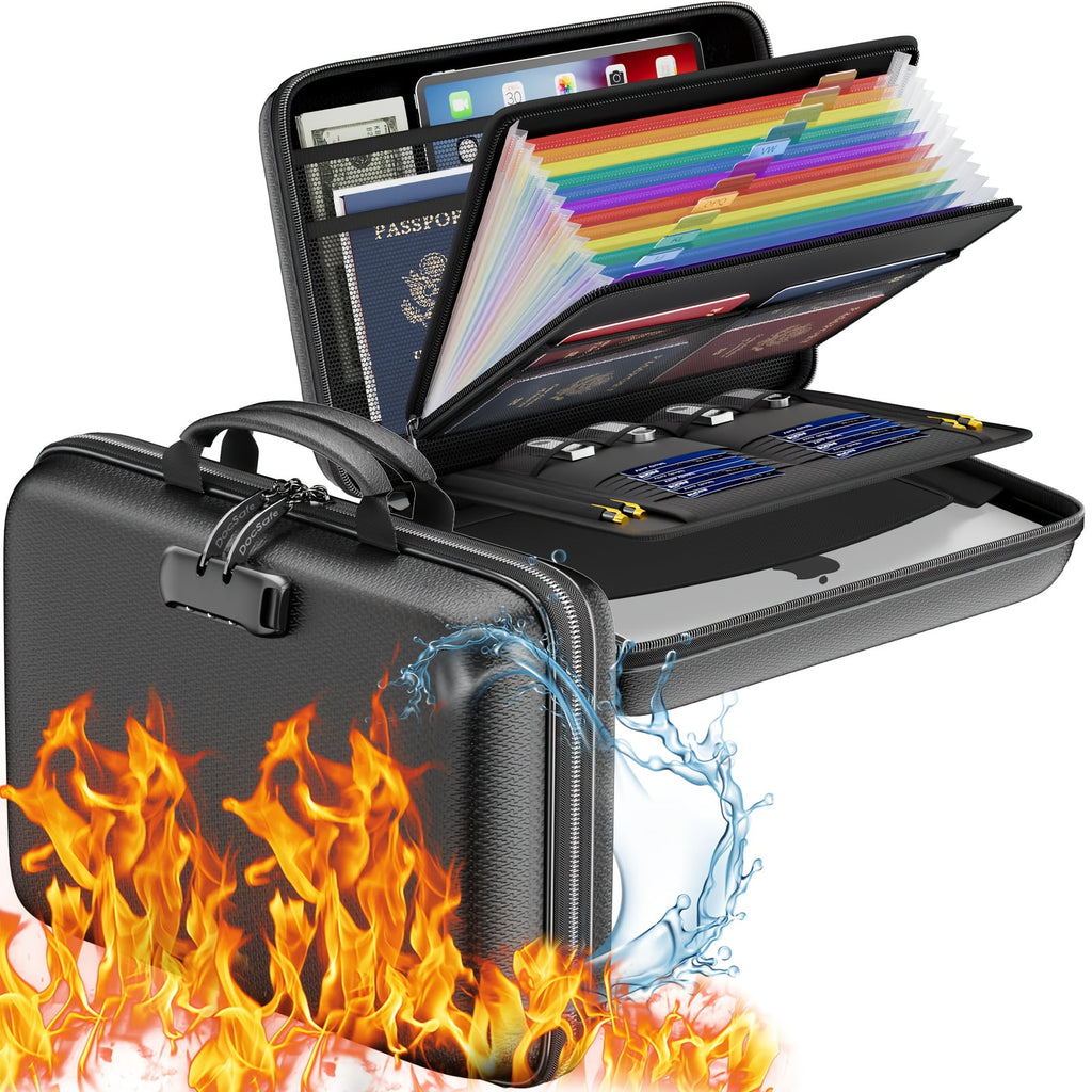 Fireproof File Organizer with Lock, Hard-Shell Case Fireproof Document Box,Accordion File Folder, Portable Home Office Travel Safe Storage f