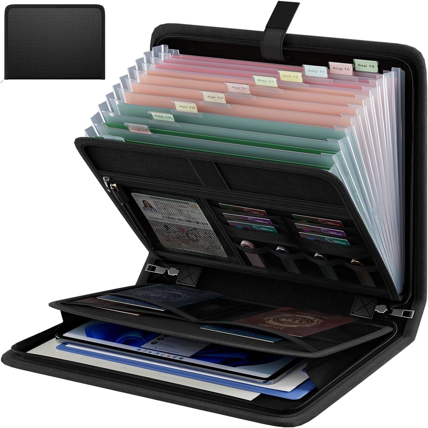 Gijjgole Fireproof Accordion File Organizer, Portable Expanding File Folder with Waterproof Zipper&Labels, Black Document Organizer with 13